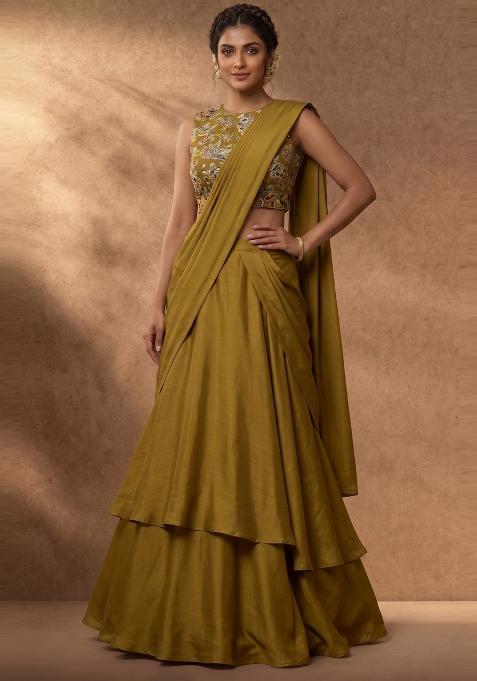 Olive Green Embroidered Crepe Fusion Set