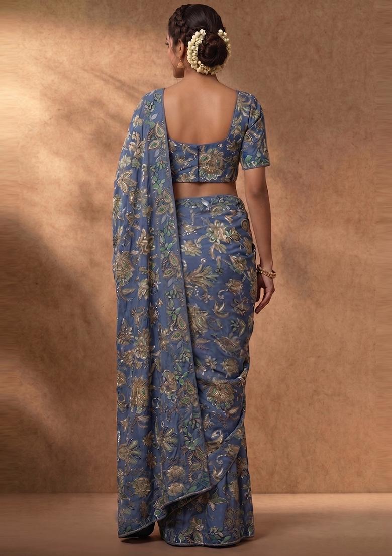 Steel Blue Embroidered Crepe Pre Draped Saree Set - Indya