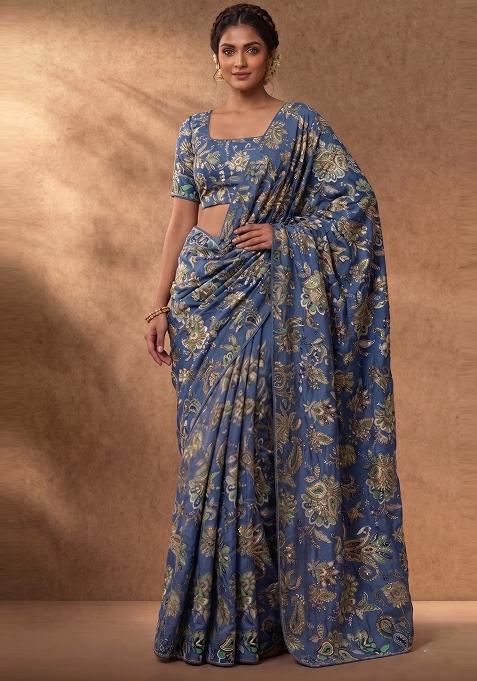 Steel Blue Embroidered Crepe Pre Draped Saree Set