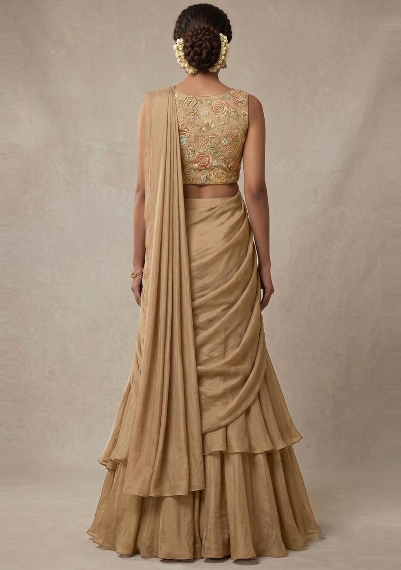 Brown Embroidered Crepe Fusion Set - Indya