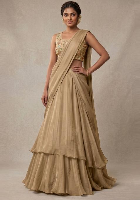 Brown Embroidered Crepe Fusion Set