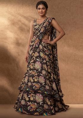 Dark Brown Embroidered Crepe Fusion Set