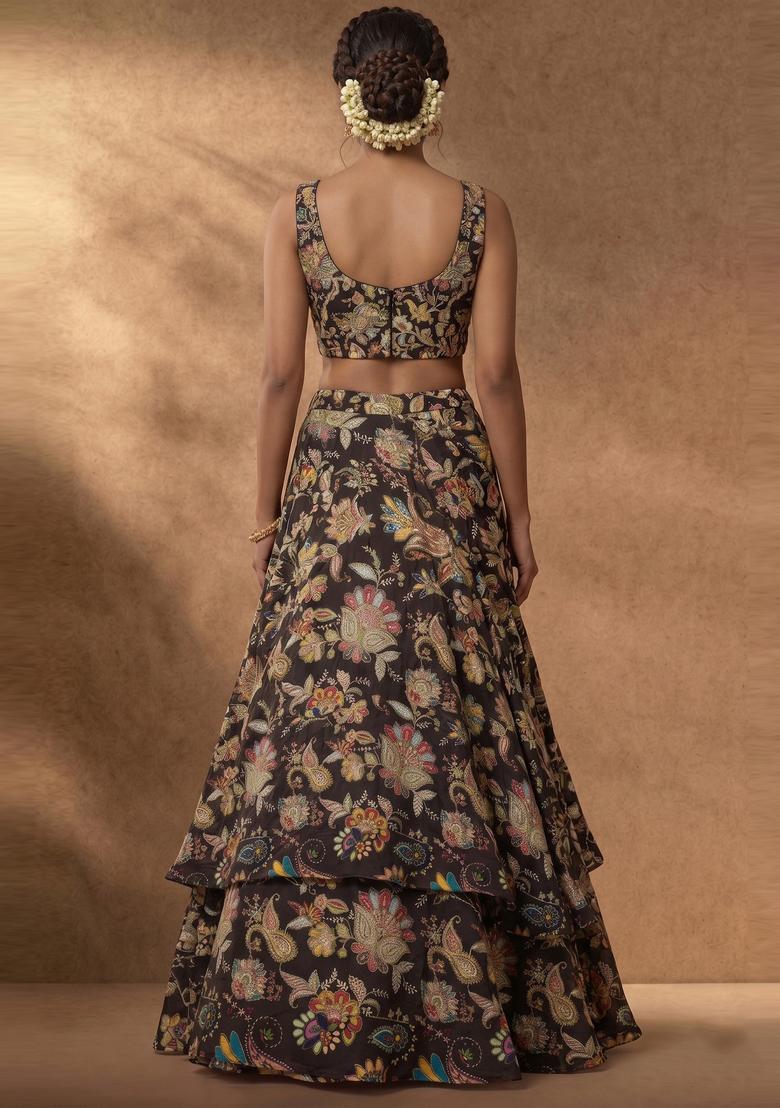Dark Brown Embroidered Crepe Fusion Set - Indya