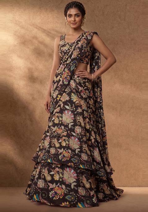 Dark Brown Embroidered Crepe Fusion Set