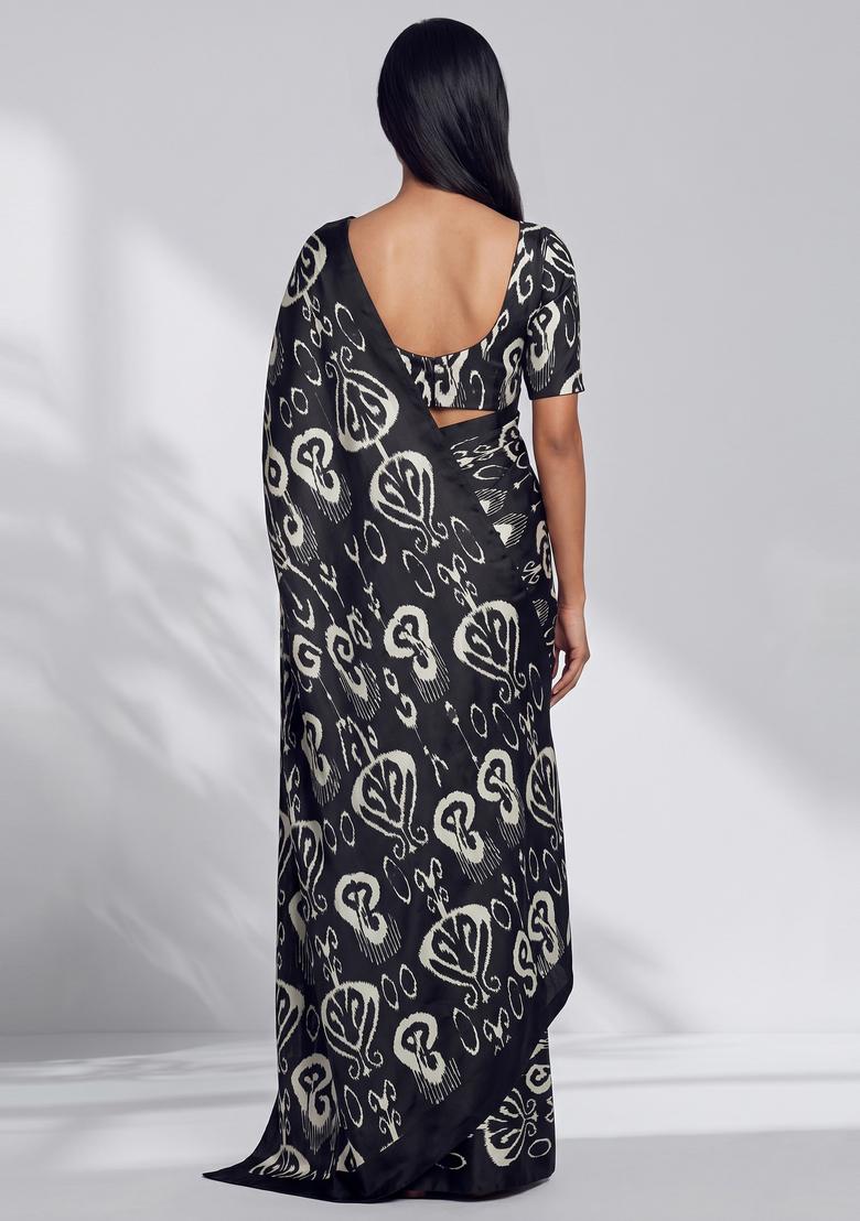 Black Printed Georgette Pre Draped Saree Set - Indya