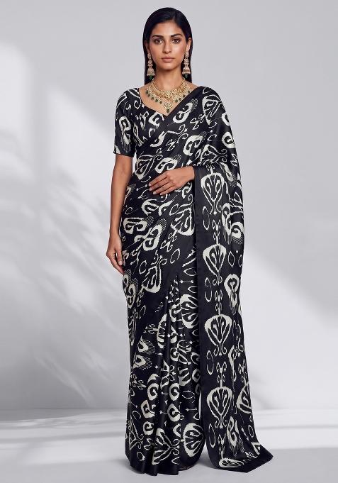 Black Abstract Print Georgette Pre Draped Saree Set