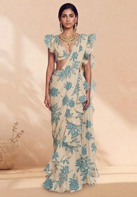 Cream Beige Printed Georgette Pre Draped Saree Set