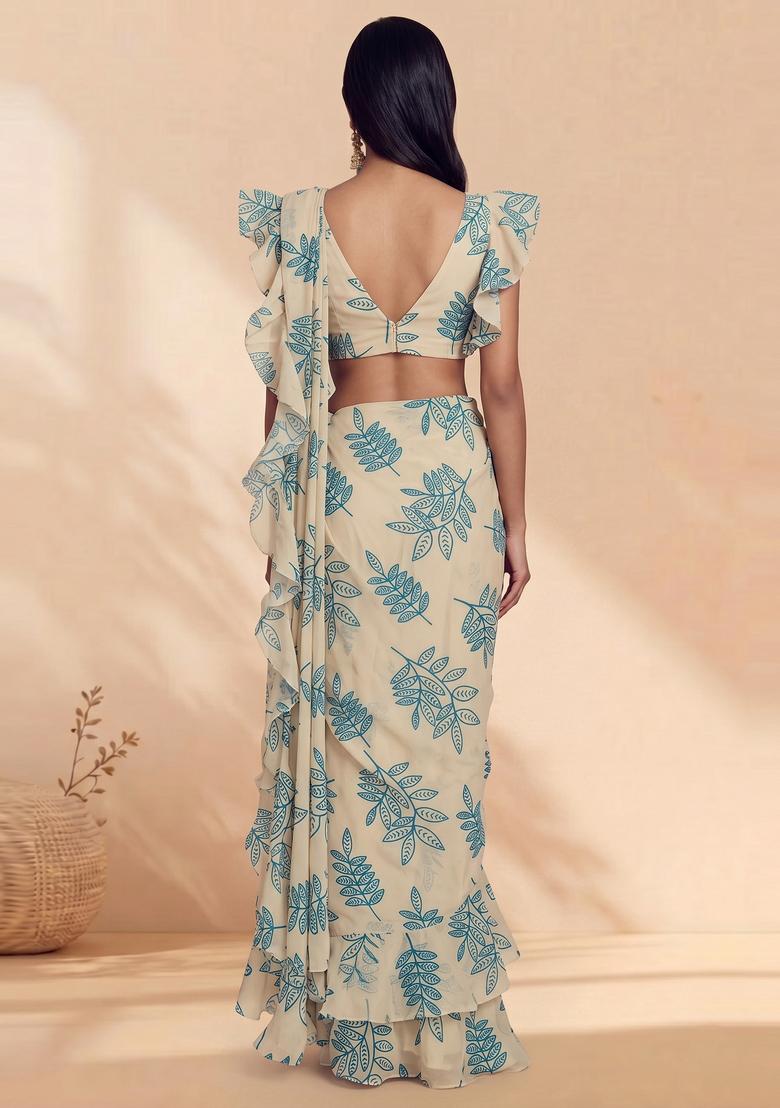 Cream Beige Printed Georgette Pre Draped Saree Set - Indya