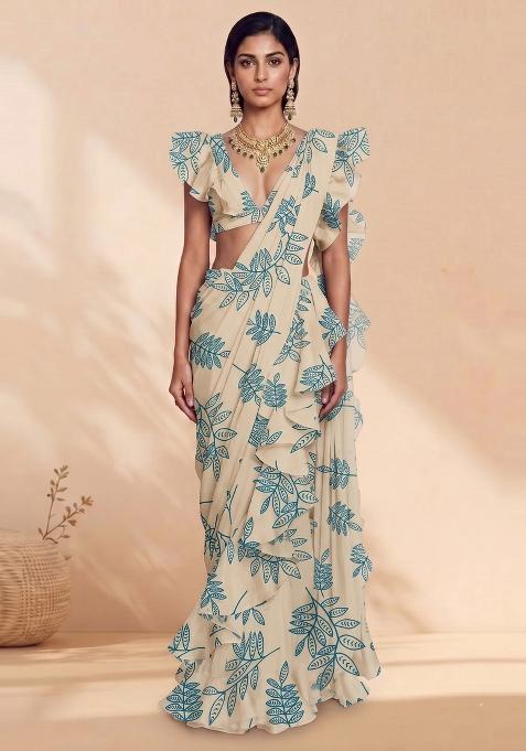 Cream Beige Abstract Print Georgette Pre Draped Saree Set