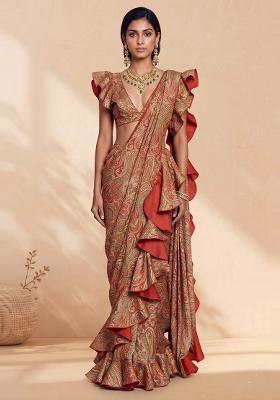 Rust Orange Printed Georgette Pre Draped Saree Set