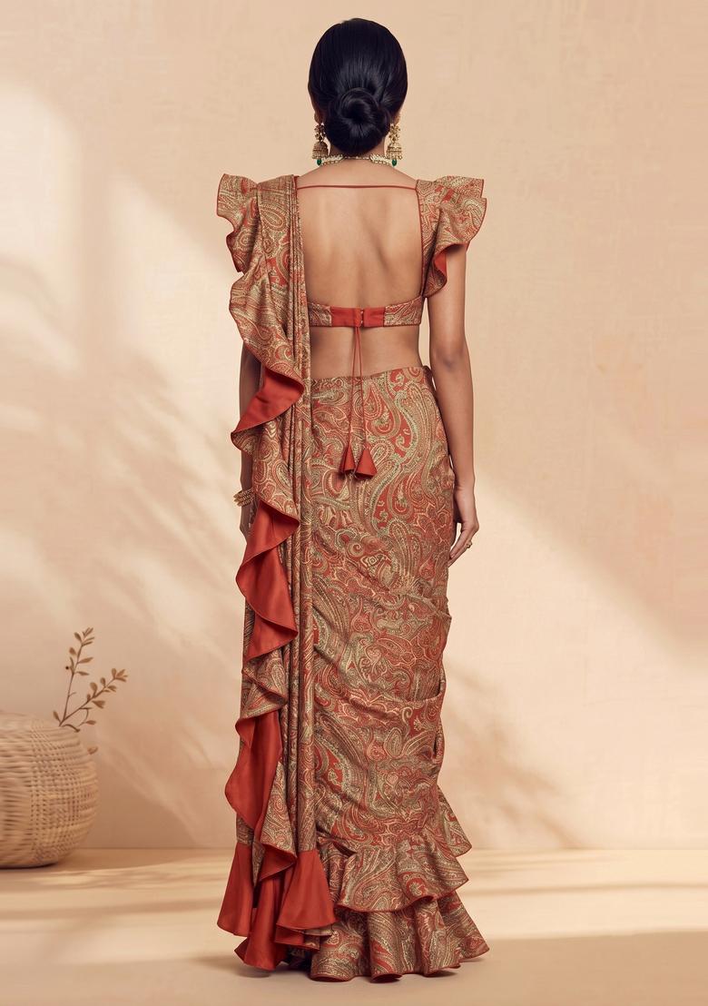 Rust Orange Printed Georgette Pre Draped Saree Set - Indya