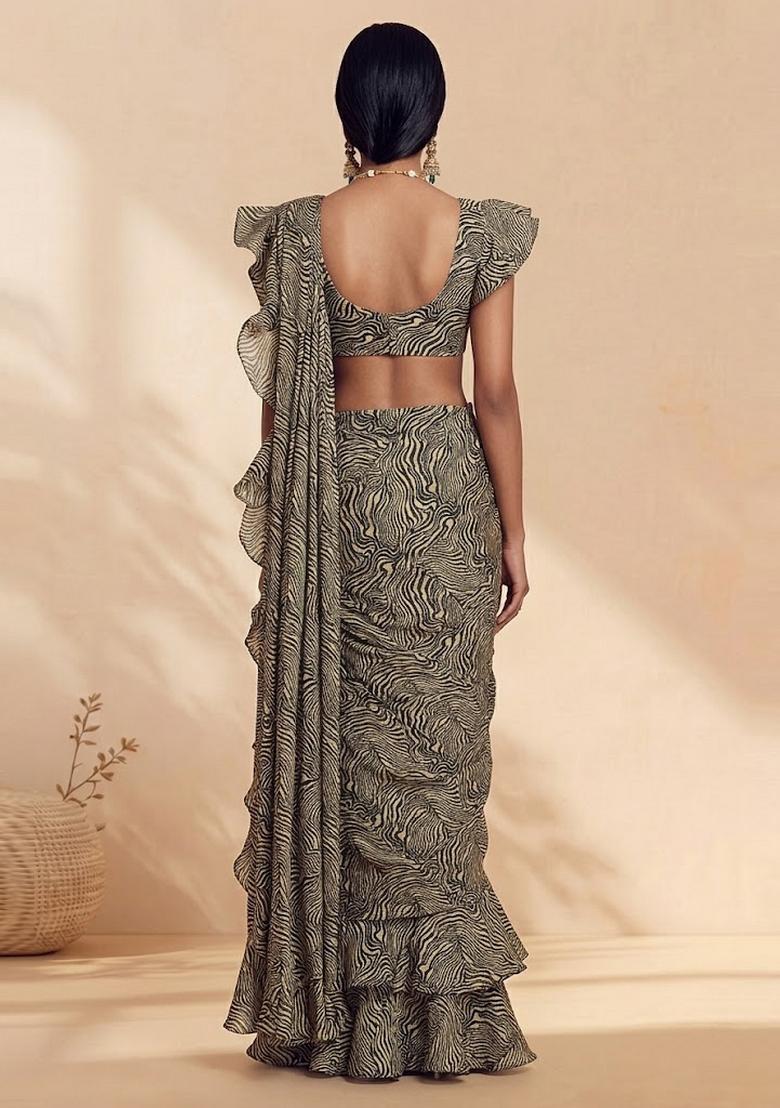 Brown Printed Georgette Pre Draped Saree Set - Indya