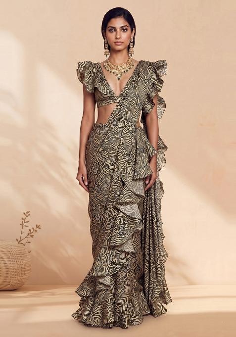 Brown Abstract Print Georgette Pre Draped Saree Set