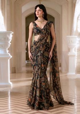 Black Printed Chiffon Pre Draped Saree Set