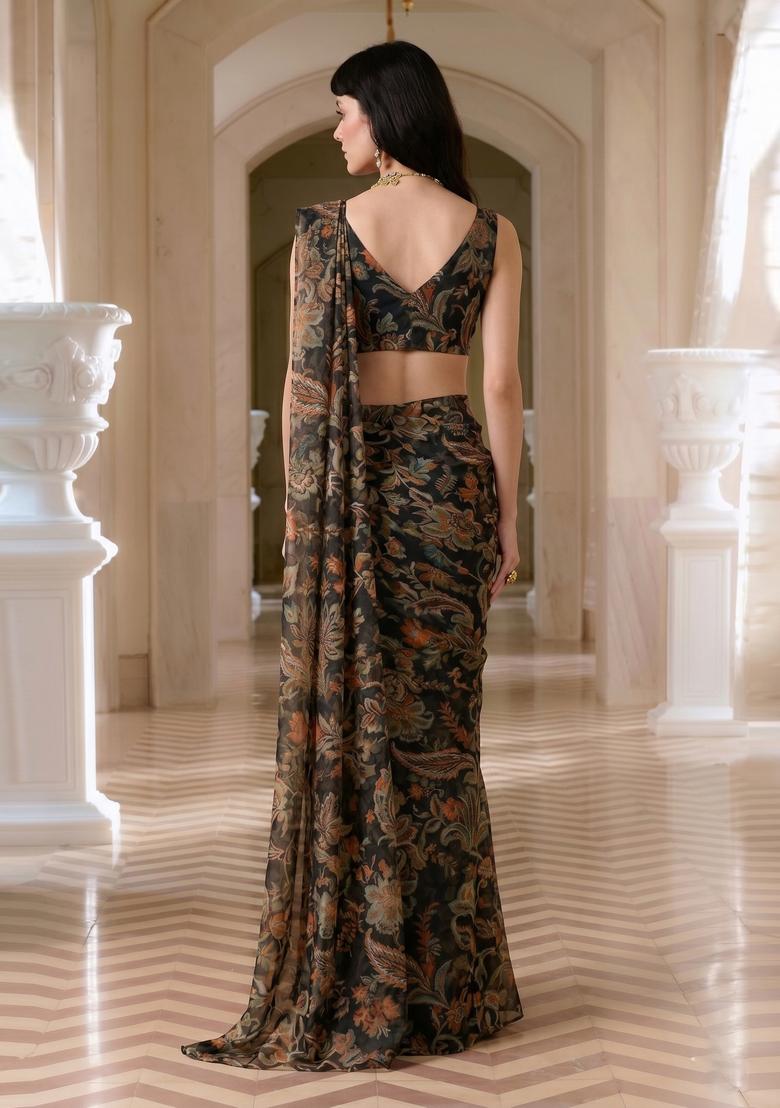 Black Printed Chiffon Pre Draped Saree Set - Indya
