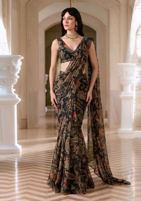 Black Printed Chiffon Pre Draped Saree Set