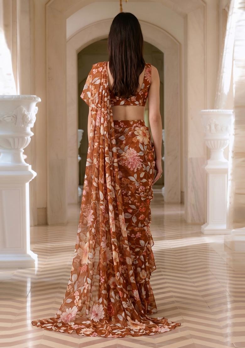Burnt Orange Printed Chiffon Pre Draped Saree Set - Indya