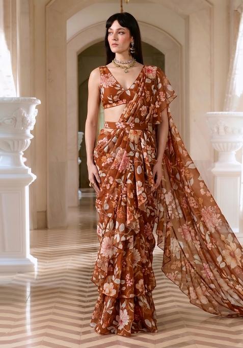 Burnt Orange Floral Print Chiffon Pre Draped Saree Set