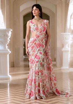 Off White Printed Chiffon Pre Draped Saree Set