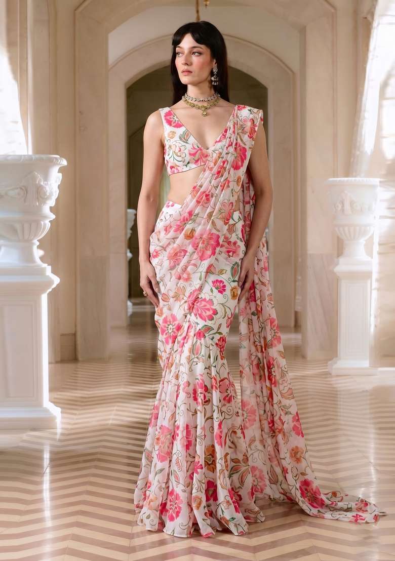Off White Printed Chiffon Pre Draped Saree Set - Indya