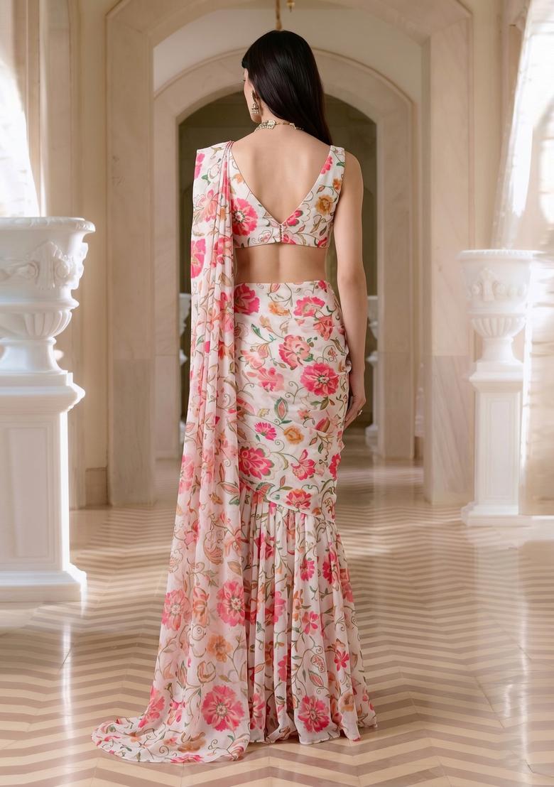 Off White Printed Chiffon Pre Draped Saree Set - Indya