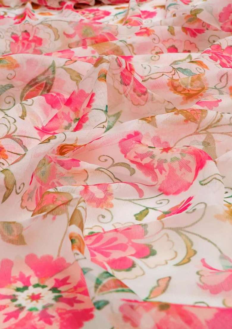 Off White Printed Chiffon Pre Draped Saree Set - Indya