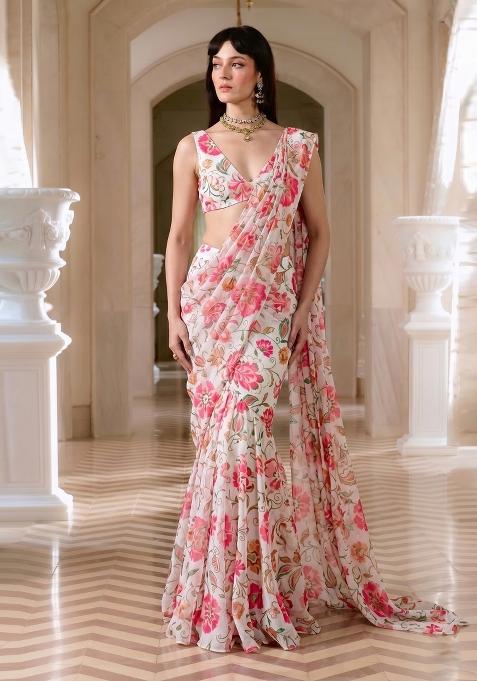 Off White Floral Print Chiffon Pre Draped Saree Set