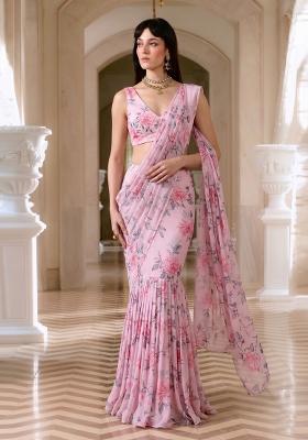Pastel Pink Printed Chiffon Pre Draped Saree Set