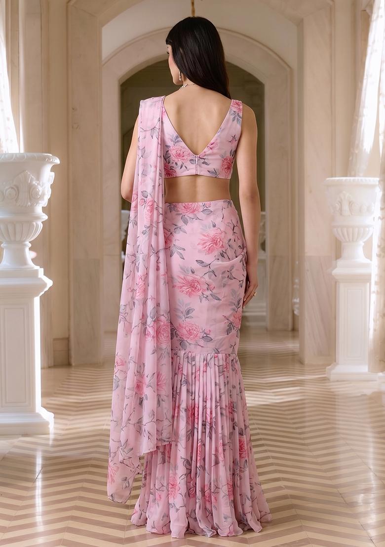 Pastel Pink Printed Chiffon Pre Draped Saree Set - Indya
