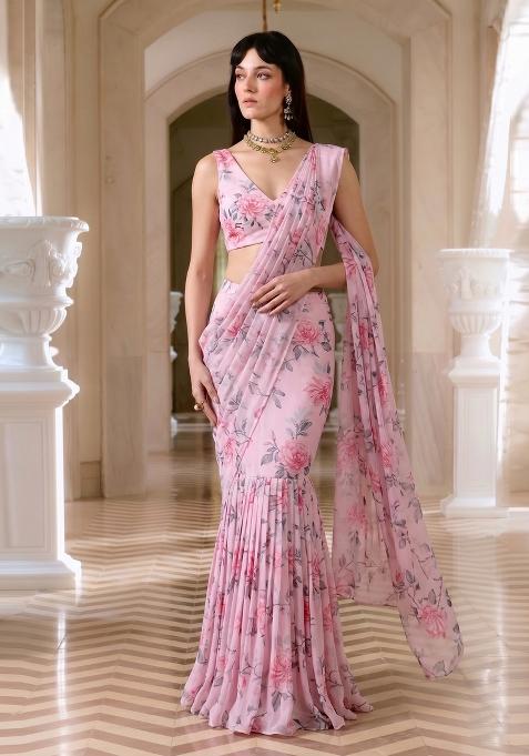 Pastel Pink Floral Print Chiffon Pre Draped Saree Set