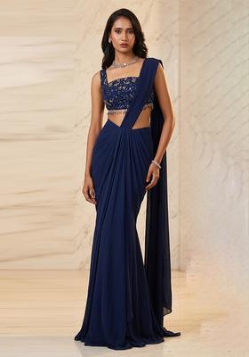 Navy Blue Embroidered Handwork Pre Draped Saree Set