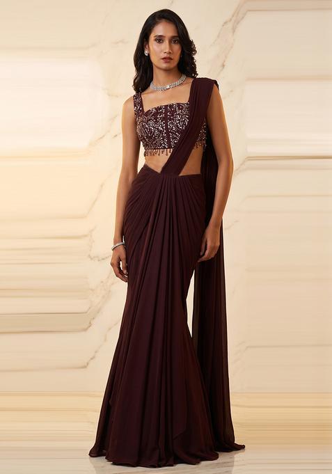 Deep Maroon Embroidered Handwork Pre Draped Saree Set