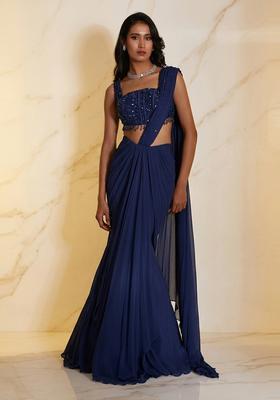 Navy Blue Embroidered Handwork Pre Draped Saree Set