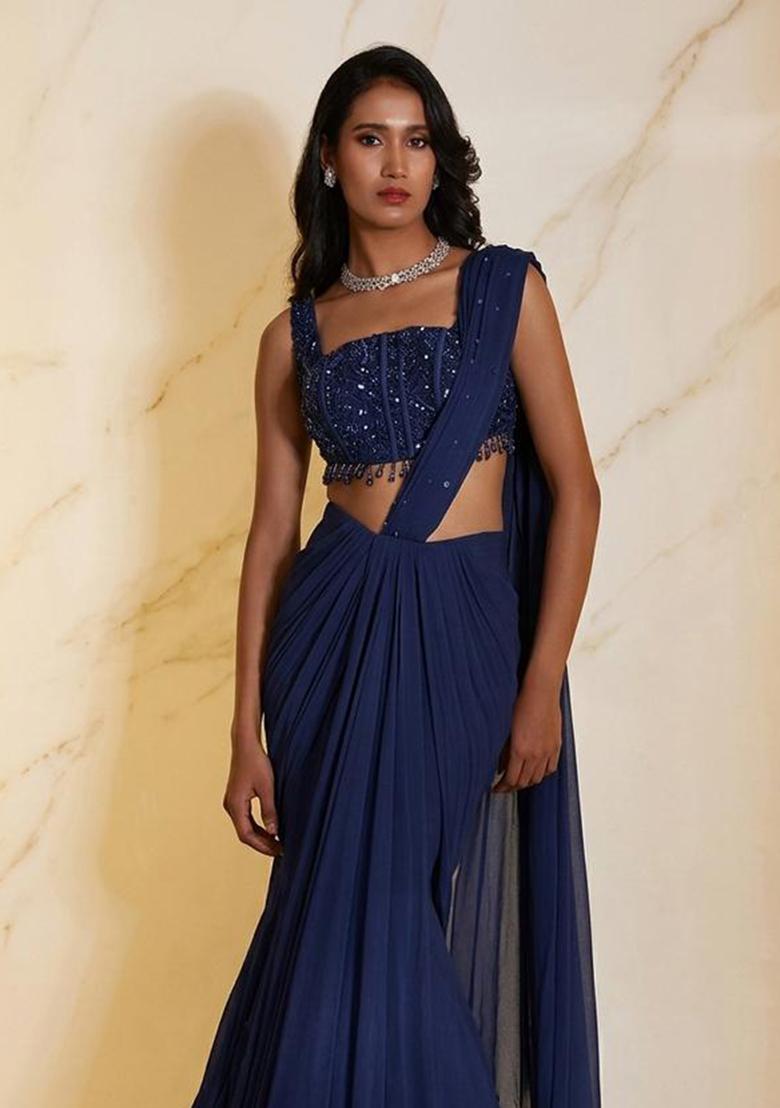 Navy Blue Embroidered Handwork Pre Draped Saree Set - Indya