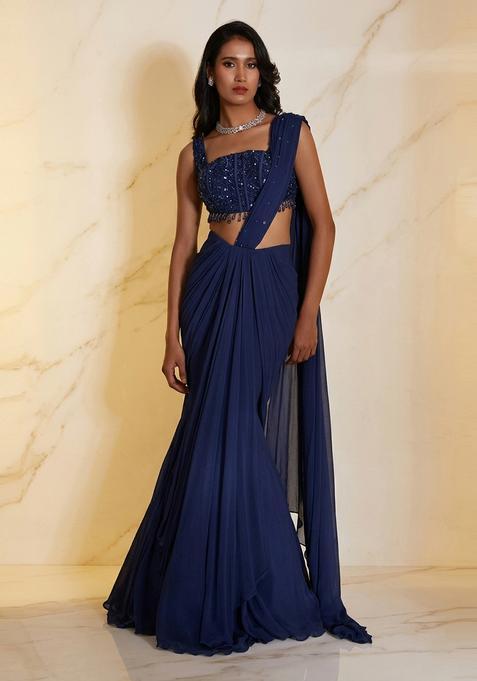 Navy Blue Embroidered Handwork Pre Draped Saree Set