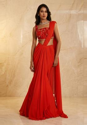 Bright Red Embroidered Handwork Pre Draped Saree Set