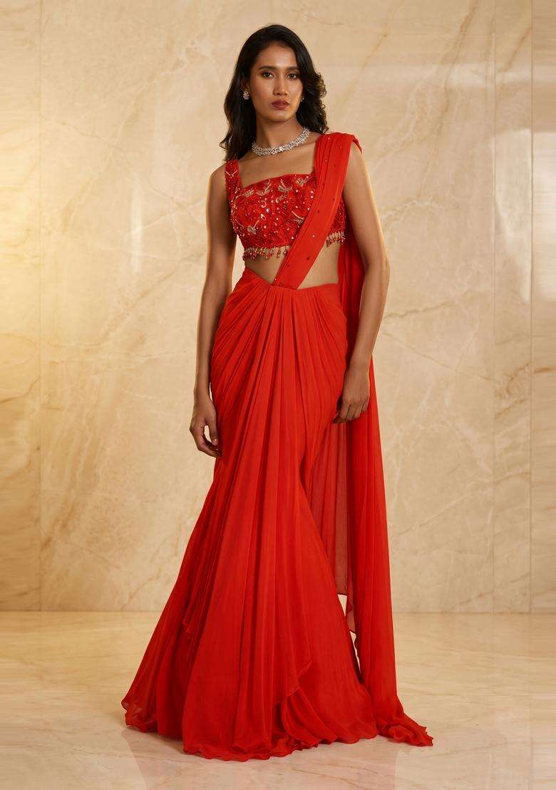 Bright Red Embroidered Handwork Pre Draped Saree Set - Indya