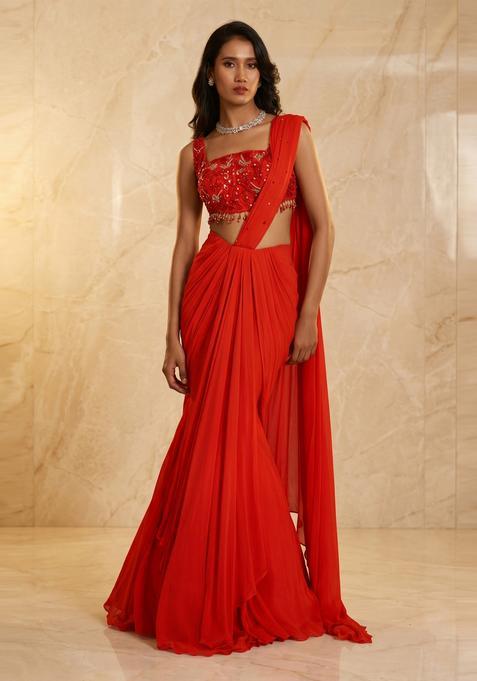 Bright Red Embroidered Handwork Pre Draped Saree Set