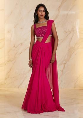 Magenta Pink Embroidered Handwork Pre Draped Saree Set