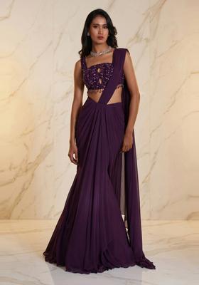 Deep Purple Embroidered Handwork Pre Draped Saree Set
