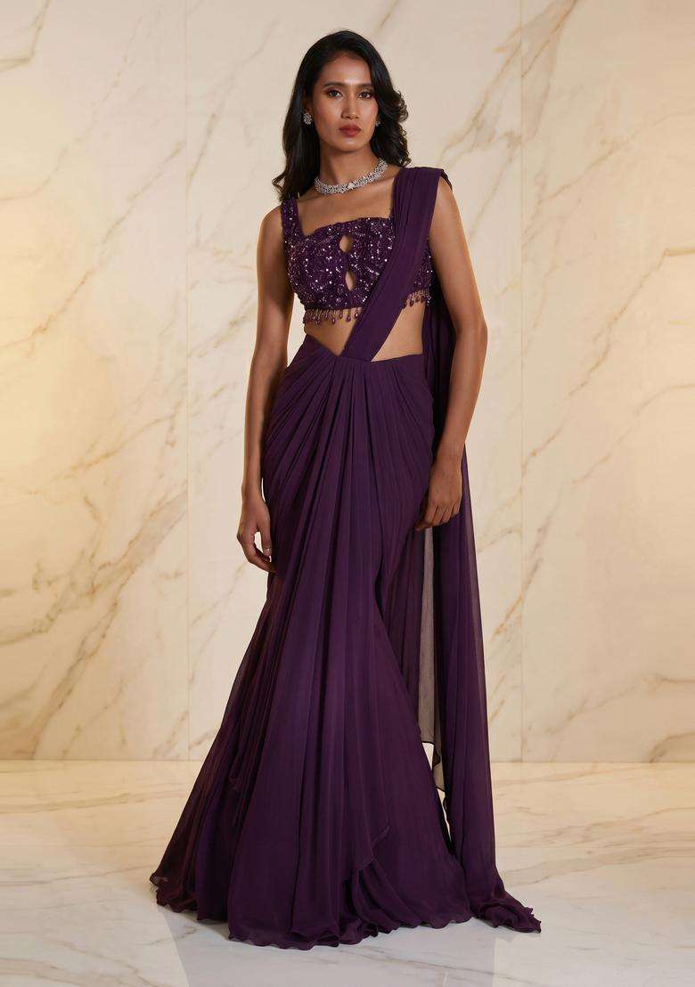 Deep Purple Embroidered Handwork Pre Draped Saree Set - Indya