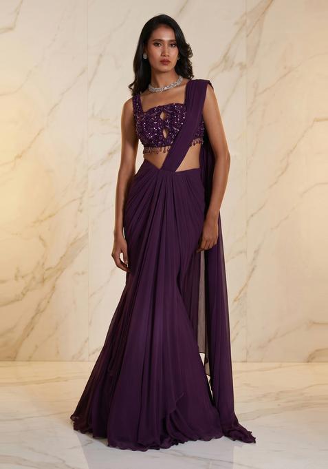 Deep Purple Embroidered Handwork Pre Draped Saree Set
