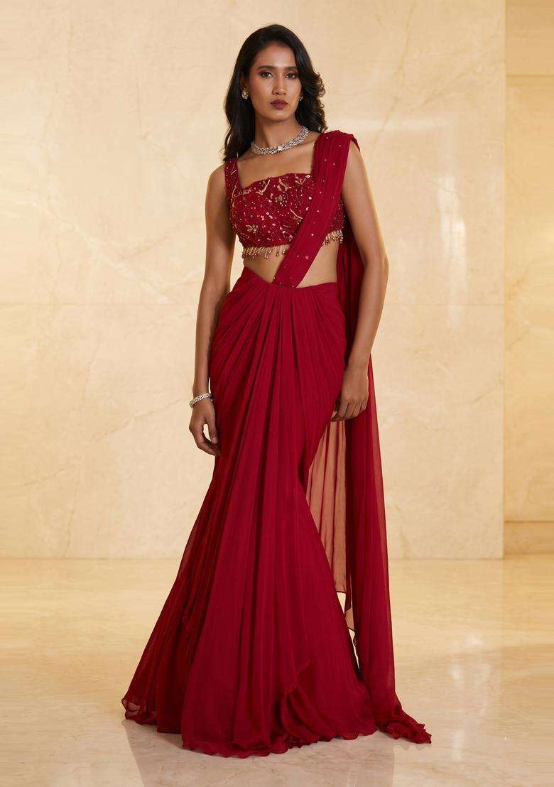 Maroon Embroidered Handwork Pre Draped Saree Set - Indya