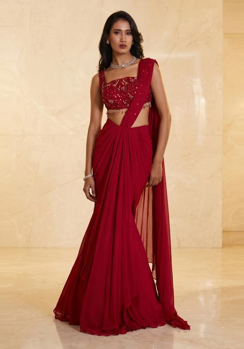 Maroon Embroidered Handwork Pre Draped Saree Set