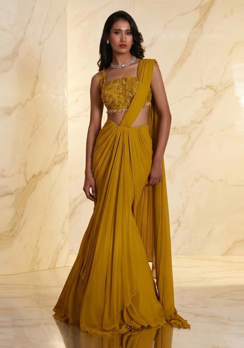 Mustard Embroidered Handwork Pre Draped Saree Set
