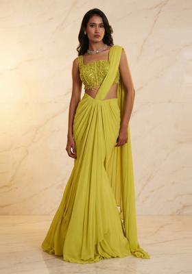 Lime Yellow Embroidered Handwork Pre Draped Saree Set