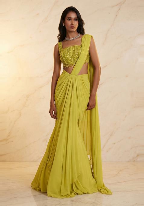 Lime Yellow Embroidered Handwork Pre Draped Saree Set