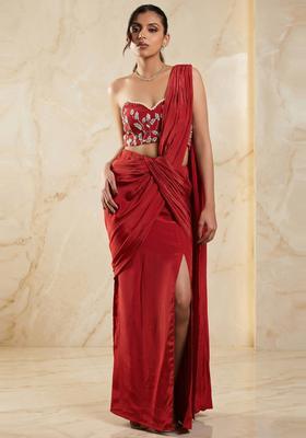 Crimson Red Embroidered Handwork Pre Draped Saree Set