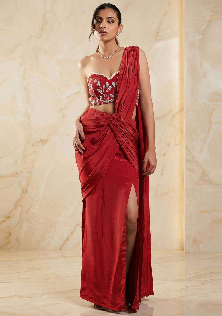 Crimson Red Embroidered Handwork Pre Draped Saree Set - Indya