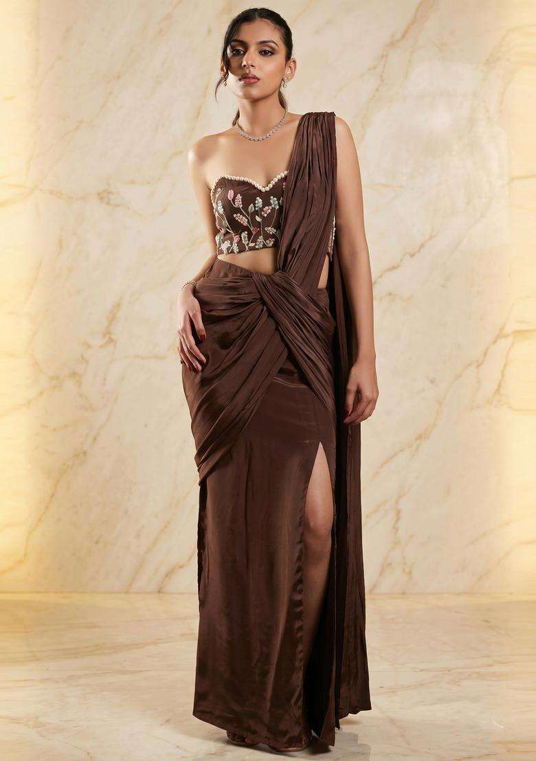 Chocolate Brown Embroidered Handwork Pre Draped Saree Set - Indya
